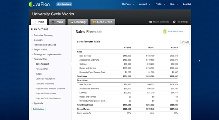LivePlan before the redesign