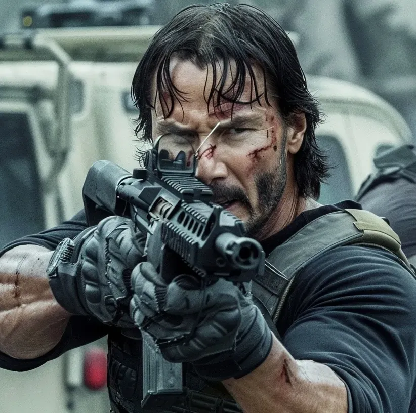 Keanu Reeves in an intense, gritty scene