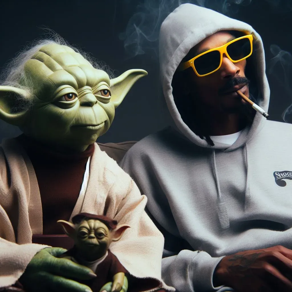 Yoda from Star Wars and Snoop Dogg in a whimsical mashup