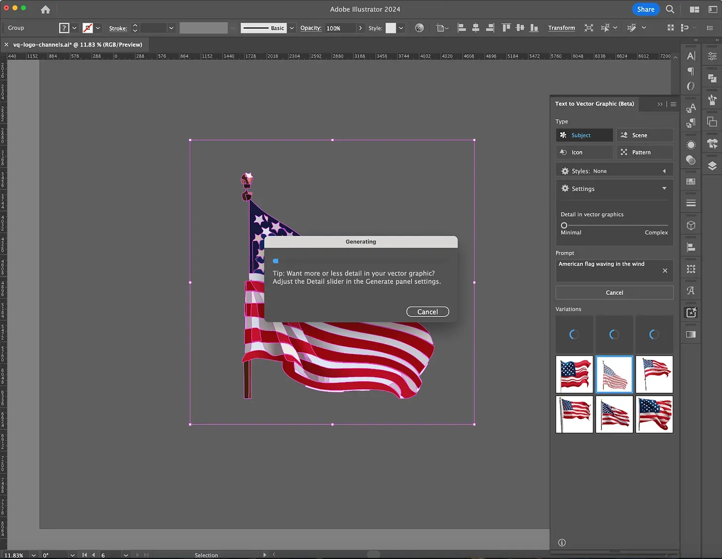 Screenshot of Adobe Illustrator built-in text-to-vector generation tool